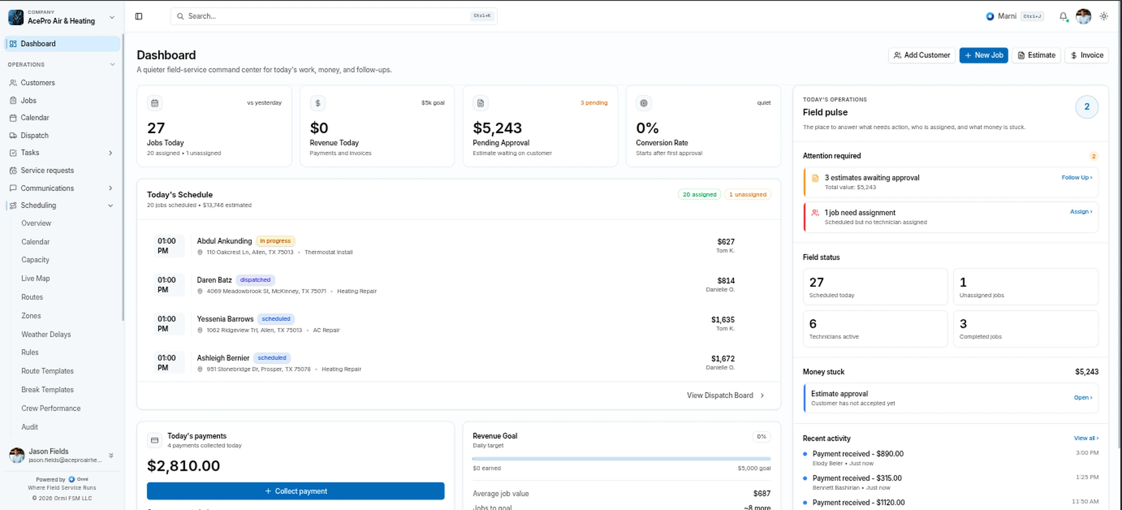 Ormi dashboard showing revenue, job stats, and team performance
