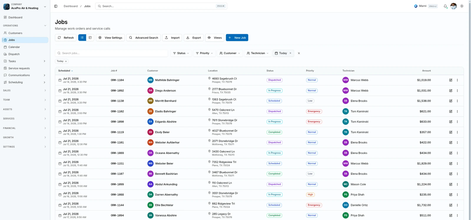 Ormi jobs workspace showing job rows, filters, statuses, technicians, and customer details