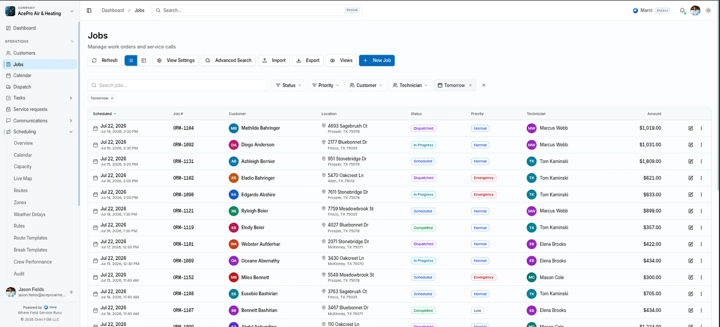 Ormi jobs list with estimates, statuses, and invoices